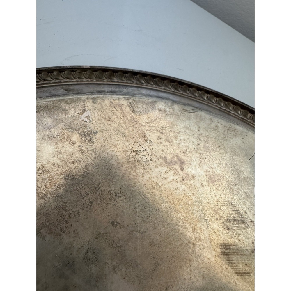 Vintage Sheridan Silver Plated 16" Round Serving Tray Platter Etched Rope Edge - Picture 7 of 10